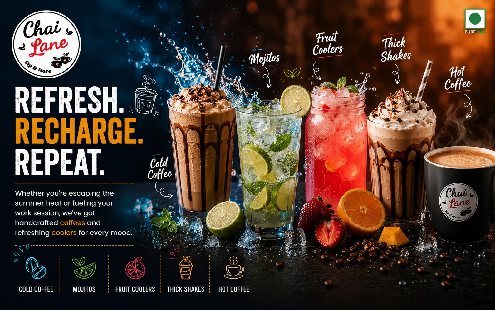 Cold coffee, a mojito, a fruit cooler, a thick shake and a hot coffee lined up with splashing water and fresh fruit. Headline: Refresh. Recharge. Repeat.