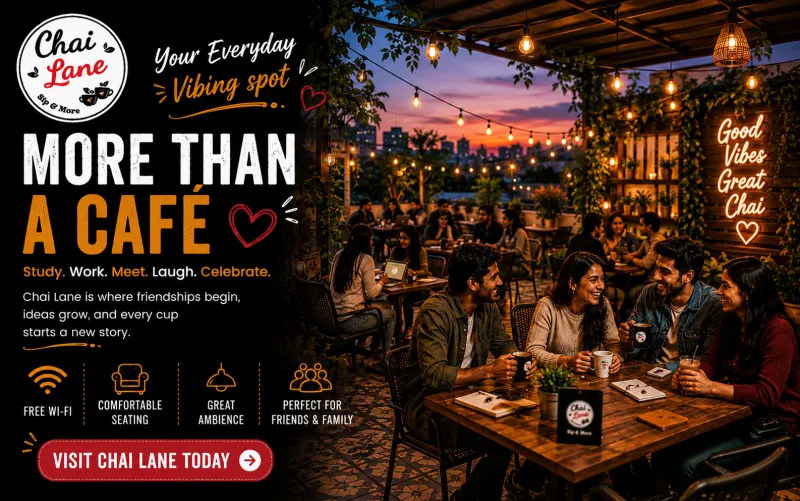 Friends sharing chai at a lamp-lit table. Headline: More than a café.